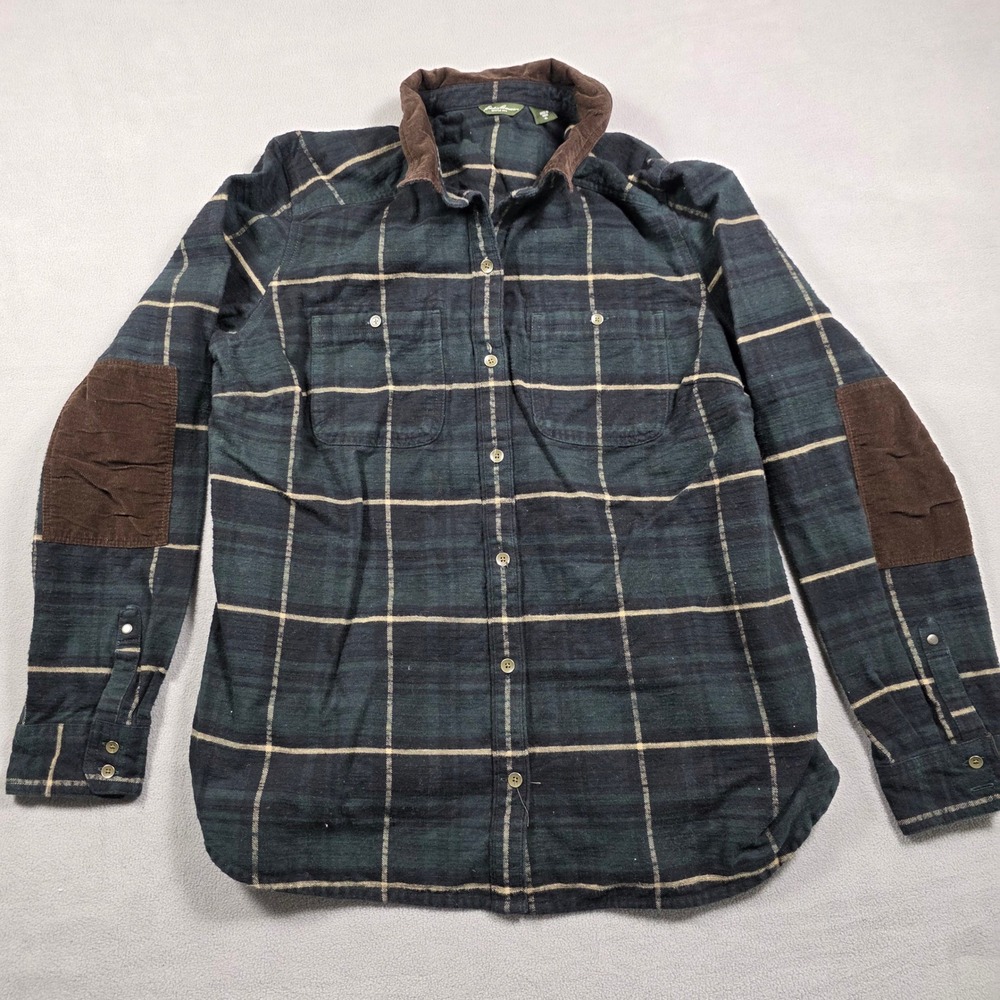 Eddie Bauer Flannel Mens Extra Large Green Plaid Corduroy Collar Elbow Patches